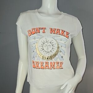 Vinyl Icons White Graphic Tee with Gold Sun and Moon Don't Wake The Dreamer Sz M